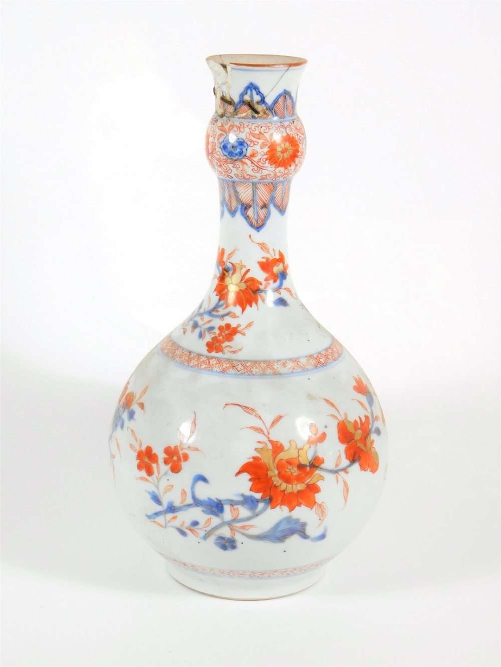 An 18thC Chinese bottle vase, 26cm high. (AF - riveted repair and loss to neck)