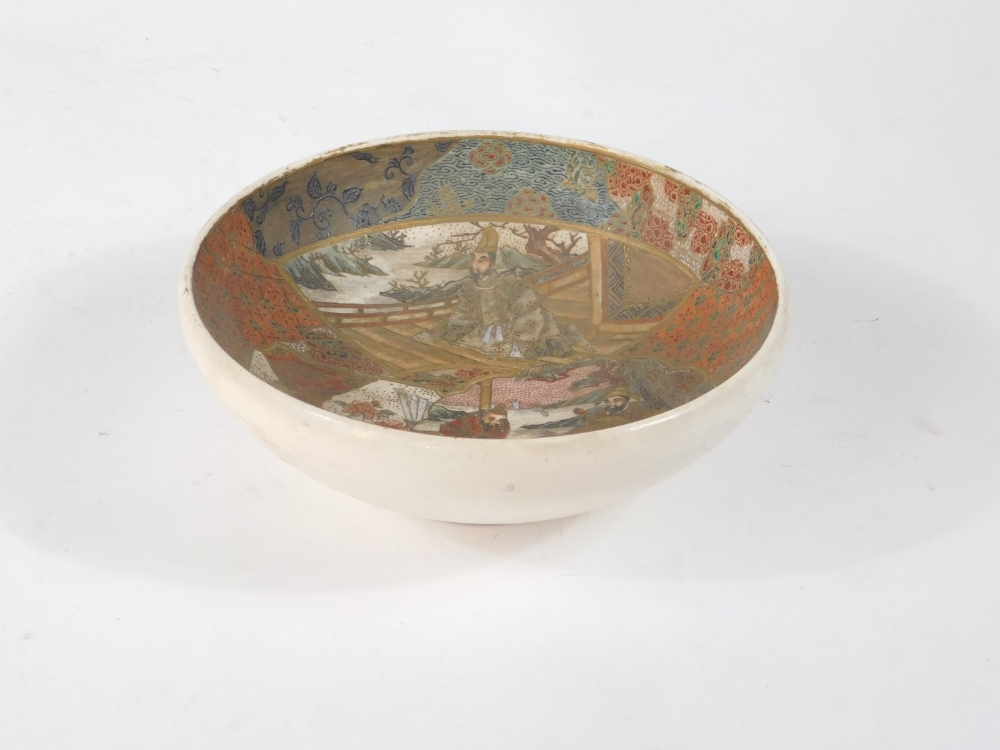 A Japanese Satsuma bowl, decorated with figures, vases in an interior scene, swirl mark to base, - Image 2 of 3