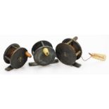 Three 19thC winch type fishing reels, one stamped A&N CSL, 105 Victoria St, S.W., 5cm diameter,