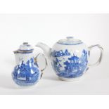 An early 19thC blue and white teapot, with double loop handle, basket moulded cover and neck, pagoda