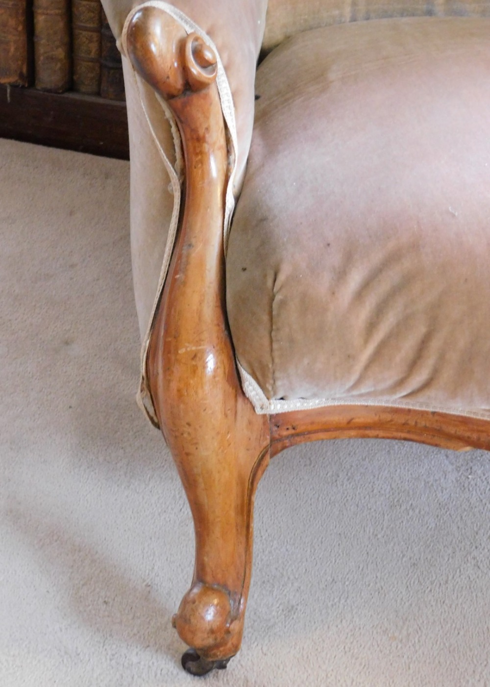 A Victorian mahogany show frame armchair, upholstered in button beige fabric, on cabriole legs - Image 2 of 2