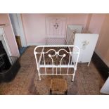 A Victorian brass and cast iron single bed, a transfer printed cot by Marmet, stool, fender,