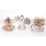 A silver plated muffin dish and cover, hot water jug, card tray, toast rack and other silver