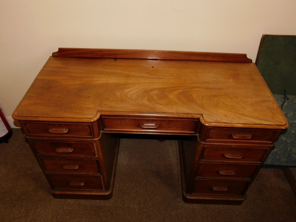 A Victorian mahogany pedestal desk, of inverted breakfront form, with a raised back, the top with - Image 2 of 2