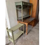 A pine kitchen table, 107cm x 69cm, a similar width side table with wine rack and a shelf unit. (3)
