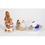 Three Royal Crown Derby paperweights, comprising of a duck, chicken and cockerel.