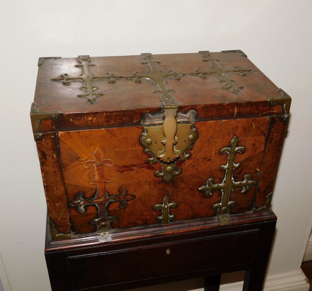 A French 17thC Kingwood Coffre Forte, with brass Gothic style straps, the hinged lid enclosing a - Image 2 of 3