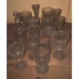 Victorian glass flutes, wine glasses, bottle with stopper, etc
