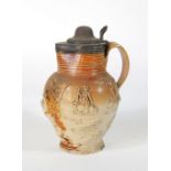 An 18thC London salt glazed stoneware lidded jug, sprigged with sportsman, dogs and men drinking,