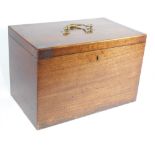 An early 19thC mahogany box with brass swan neck handle, having hinged lid, 28cm high, 43cm wide,