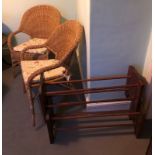 A pair of rattan conservatory type chairs and a pair of elm shoe racks. (4)