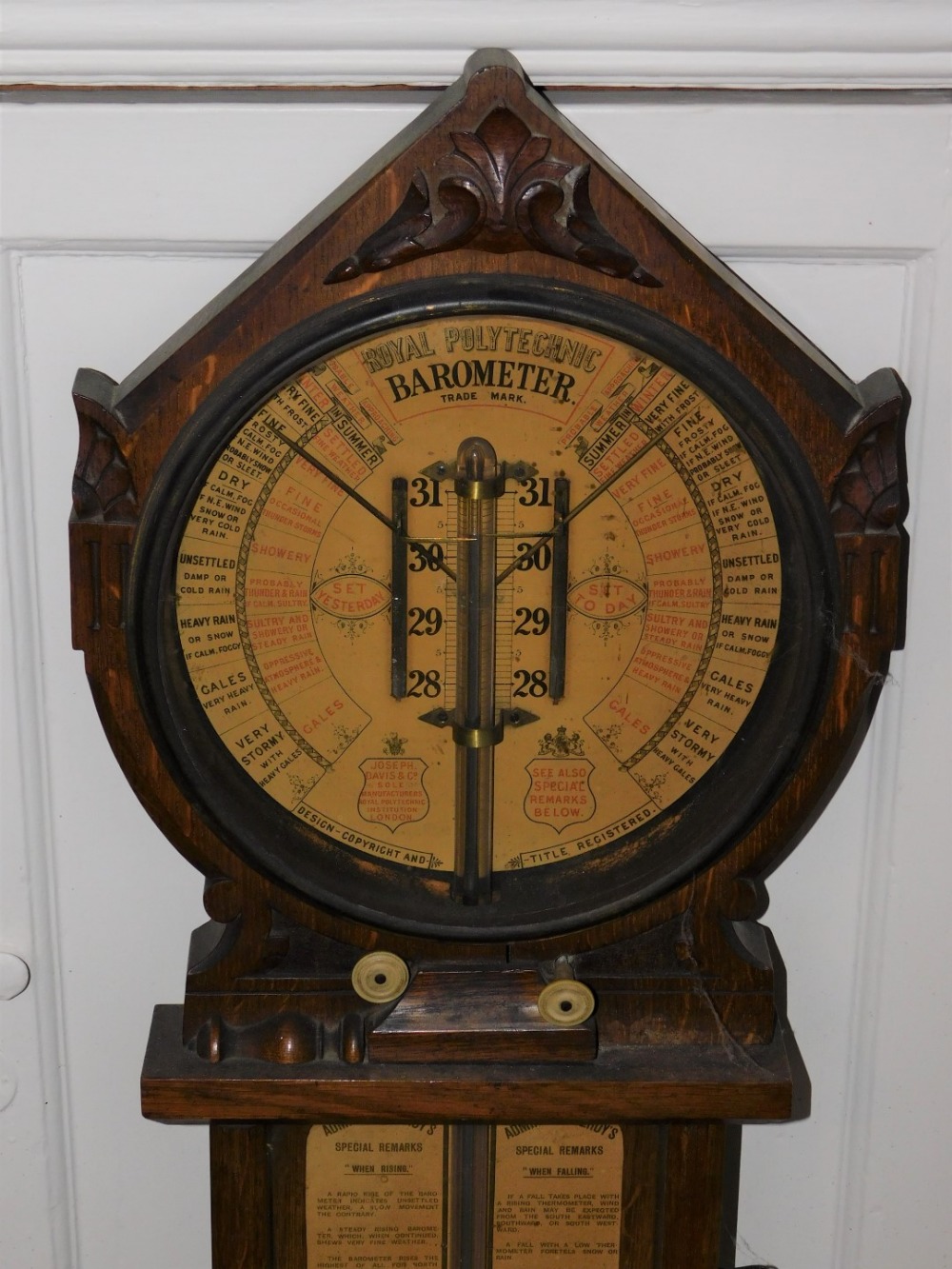A late 19thC Royal Polytechnic Admiral Fitzroy barometer, in a shaped case, the circular dial with - Image 2 of 3