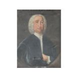 18thC English School. Portrait of a gentleman, half length pose, wearing a powdered wig and black