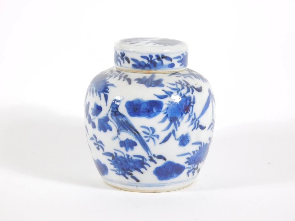 A late 19thC Chinese blue and white porcelain ginger jar and cover, handpainted with birds and - Image 2 of 5