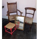 A rush seated beech carver chair, a Victorian dining chair, gilt framed mirror and small red painted