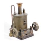 A late Victorian brass and iron model standing live steam engine, lacking burner, 16cm high.