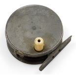 A vintage alloy fly reel by Farlow & Co Ltd (London), with ivorine handle and trade mark stamp, 9.