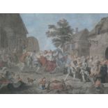 A 18thC French engraving, the scene outside a tavern with merry making and dancing and a young child