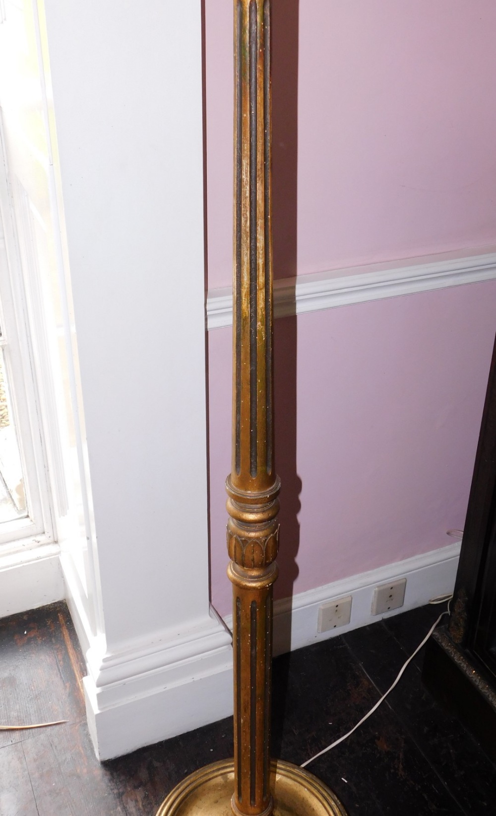 A gilt standard lamp, with a floral shade, a part fluted and leaf carved column with circular - Image 2 of 2