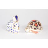 Two Royal Crown Derby paperweights, comprising of a rabbit and tortoise.