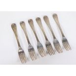 A set of 18thC crested silver dinner forks, with Old English pattern handles, all engraved with