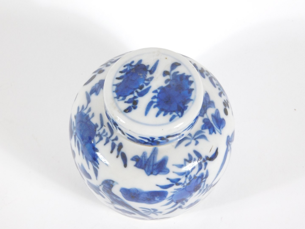 A late 19thC Chinese blue and white porcelain ginger jar and cover, handpainted with birds and - Image 3 of 5