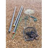 A mid 20thC alloy folding landing net, 62cm diameter, another folding landing net, two others, etc.