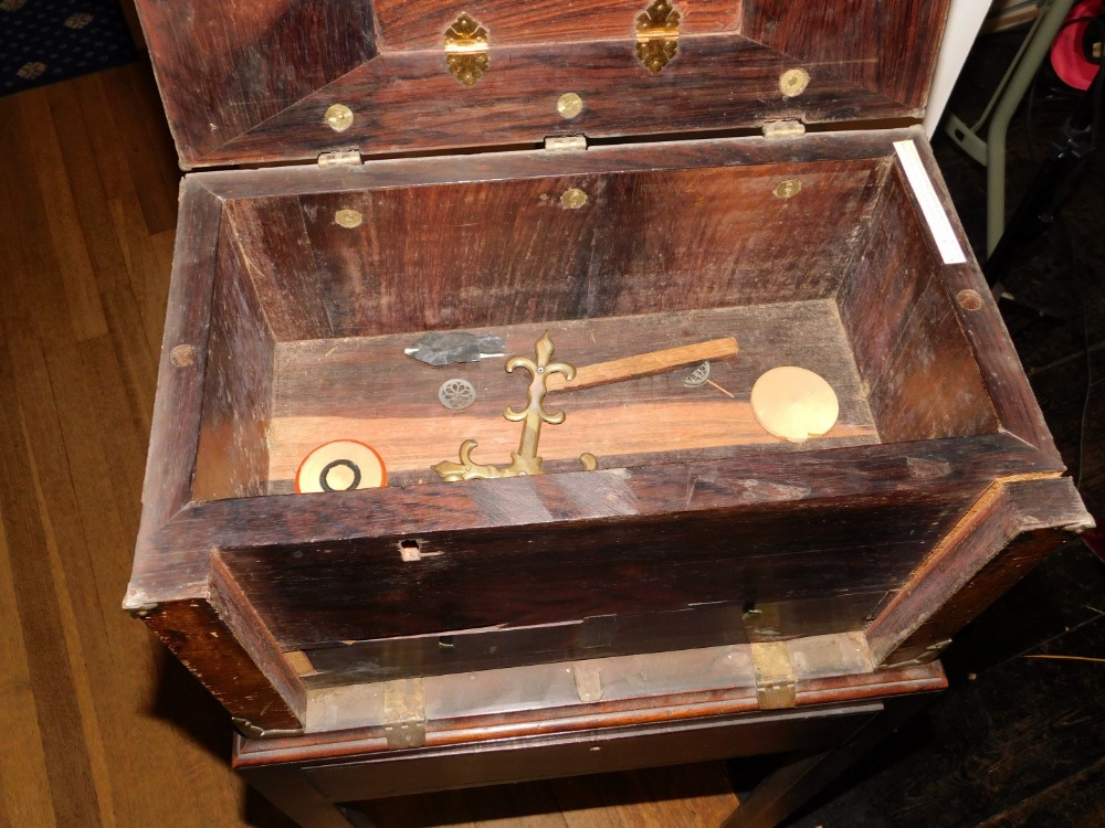 A French 17thC Kingwood Coffre Forte, with brass Gothic style straps, the hinged lid enclosing a - Image 3 of 3