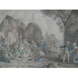An 18thC French engraving, a harvesting scene of peasants eating and drinking and at rest with a