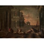 Attributed to Jacob Peeters (act.1675-1721). A Capriccio scene with figures in the foreground and