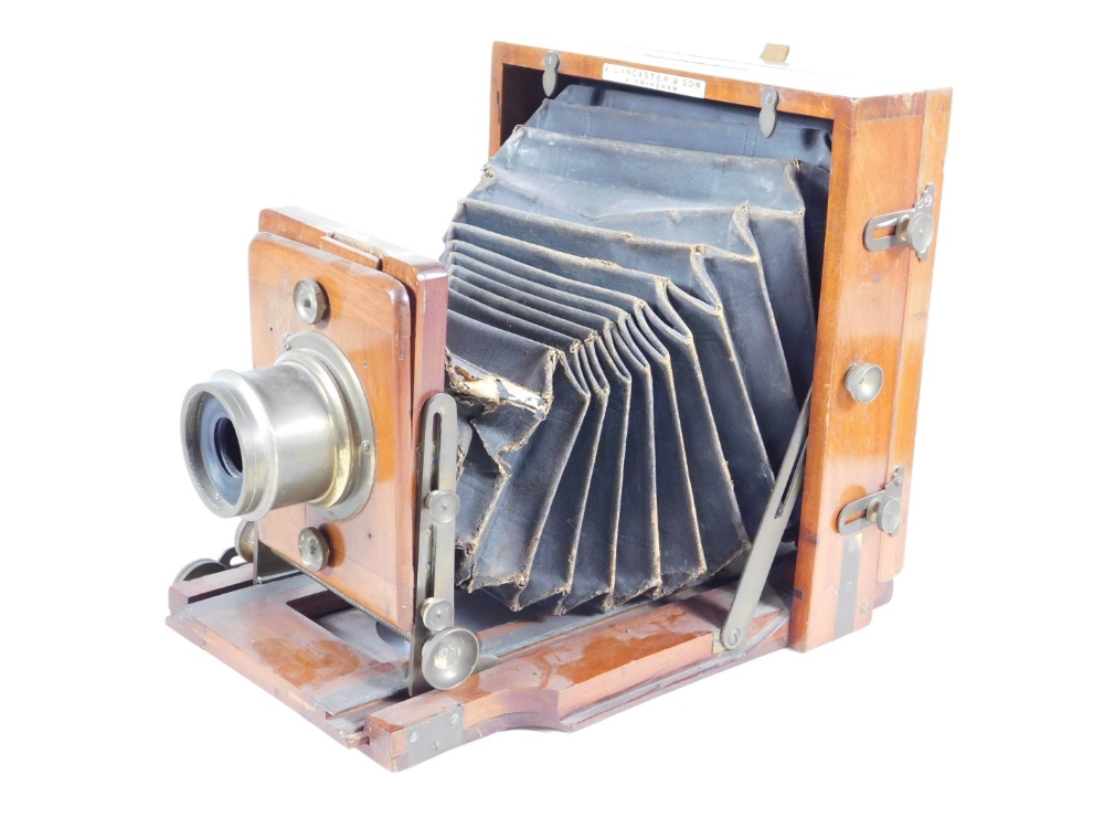 A late Victorian mahogany folding plate camera by J Lancaster and Son Birmingham, having brass - Image 4 of 5