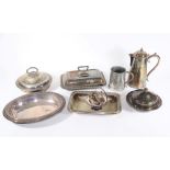 Four silver plated entree dishes, a silver plated muffin dish, an Elkington silver plated hot