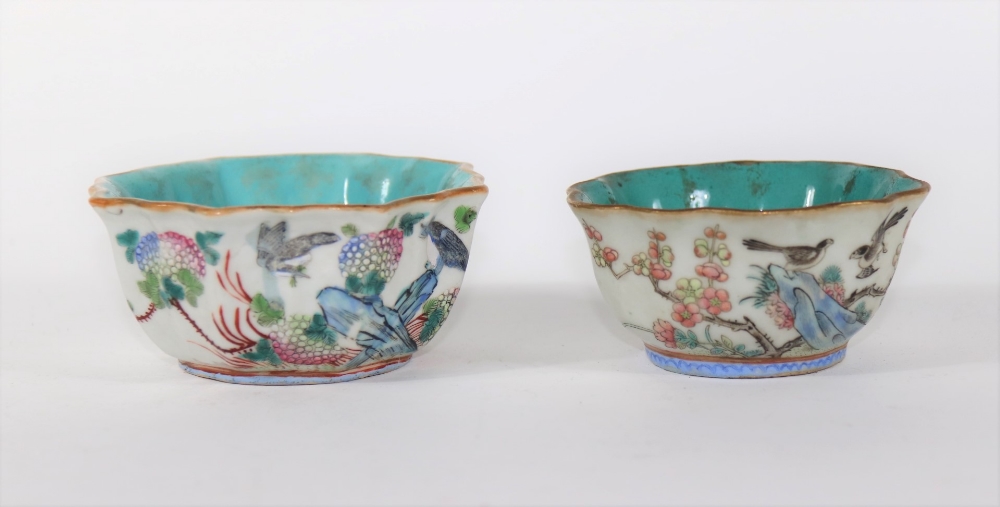 Two similar 19thC Chinese porcelain bowls, with turquoise interior painted with birds, berries and