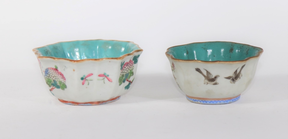 Two similar 19thC Chinese porcelain bowls, with turquoise interior painted with birds, berries and - Image 2 of 5