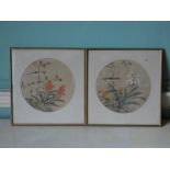 A pair of 20thC Chinese paintings on silk, depicting birds within flowering foliage and shrubs, 23.