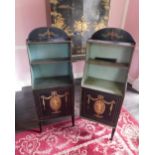 A pair of George III painted waterfall side cabinets, on a black ground, each with a raised top