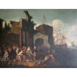 18thC Continental School. A Capriccio scene with architectural ruins, a fort and numerous figures on