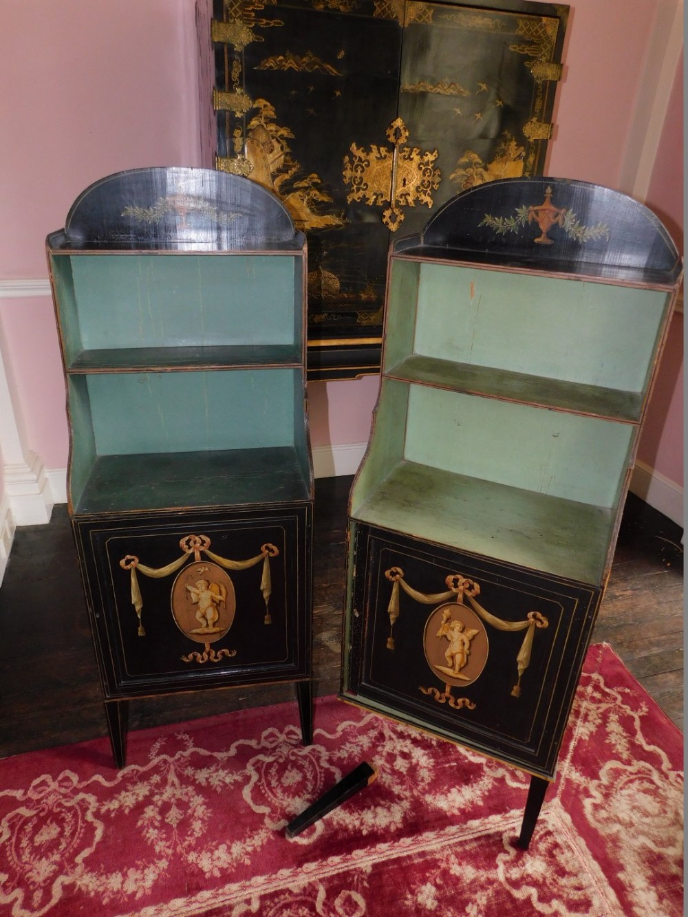 A pair of George III painted waterfall side cabinets, on a black ground, each with a raised top - Image 3 of 4