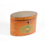 A George III satinwood oval tea caddy, the hinged lid painted with a spray of roses and pinks, and