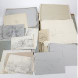 A 19thC portfolio with marbled boards and leather bindings, and a collection of pencil drawings