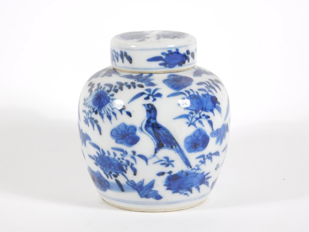 A late 19thC Chinese blue and white porcelain ginger jar and cover, handpainted with birds and