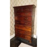 A George III mahogany chest on chest or tallboy, the chest with a moulded cornice above two short