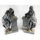 A pair of Victorian black basalt style cast plaster figures, of two scholars in 18thC dress, both