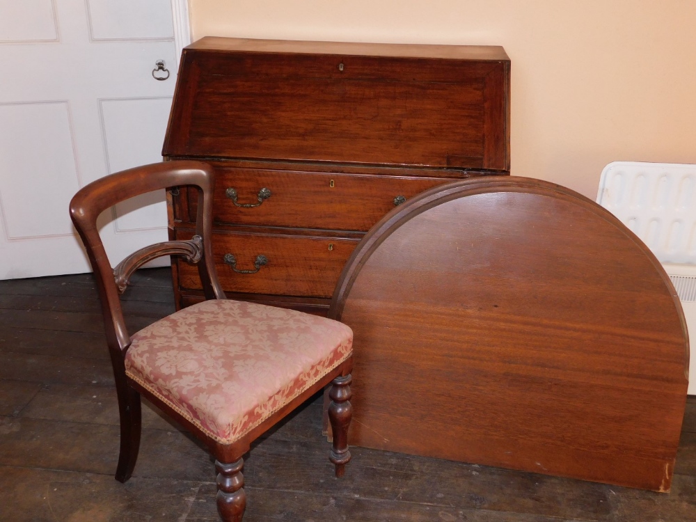 A 19thC mahogany bureau, 92cm wide, a pair of mahogany single headboards and a Victorian chair. (4)