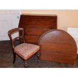 A 19thC mahogany bureau, 92cm wide, a pair of mahogany single headboards and a Victorian chair. (4)