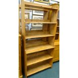 A pair of pine open bookcases, 199cm high, 93cm wide.