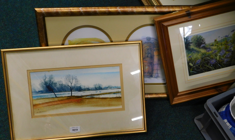 David Morris. River landscape, watercolour, 16cm x 32cm, a set of three prints, each of doorways,