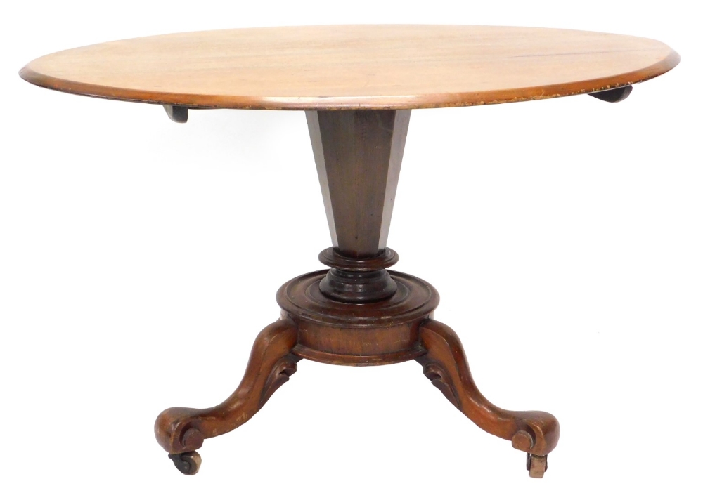 A Victorian mahogany breakfast table, the oval top with a moulded edge on a tapering hexagonal