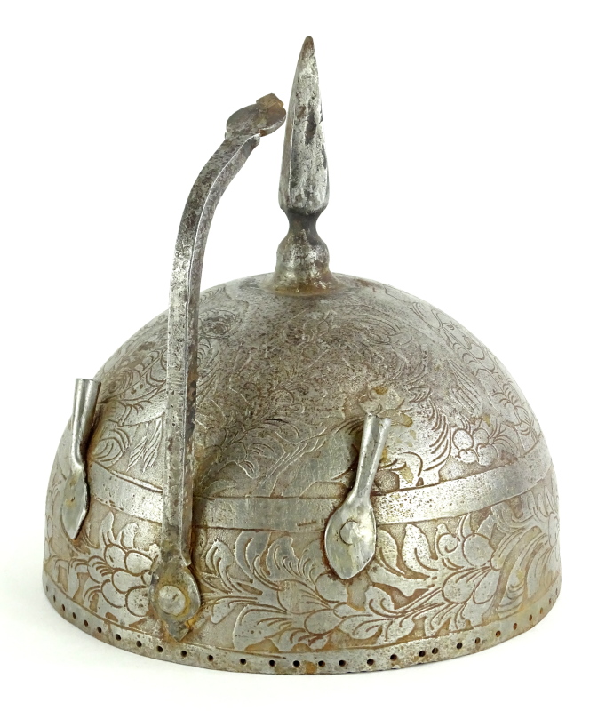 A late 18th/early 19thC Indo Persian Khula Khud helmet, the bowl or top engraved with figures,