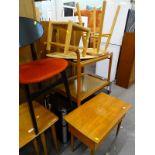 A retro teak trolley, (AF), two stools, a retro teak worktable, ebonised 1960s dining chair and a TV